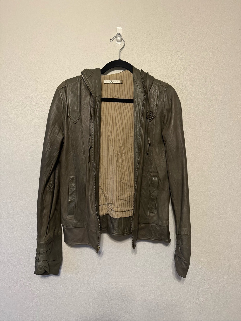 Women's Hooded Leather Jacket - Olive Green